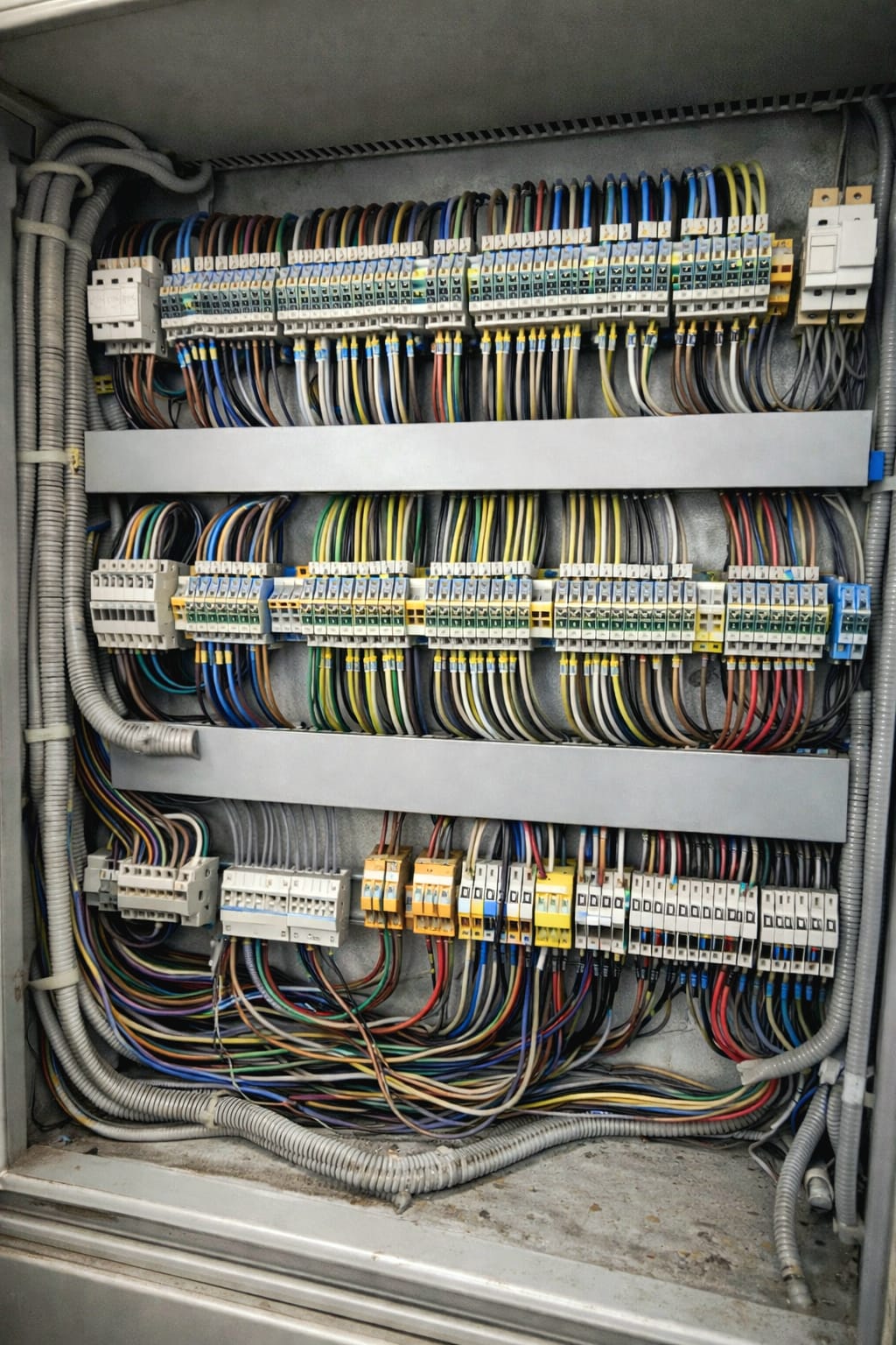 Armoire électrique câblée — fils organisés, borniers, gaines, repères couleurs